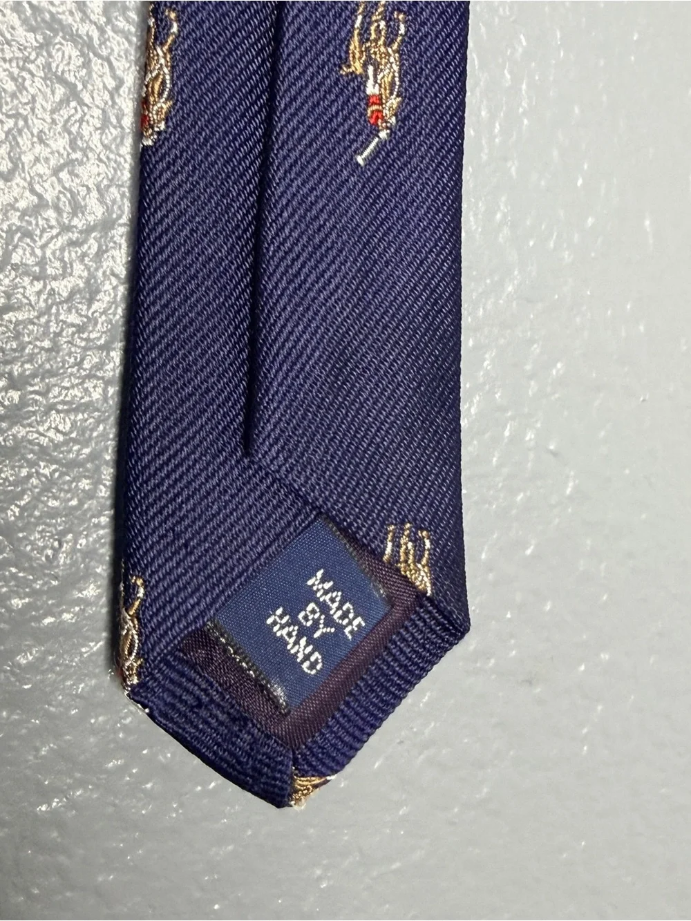 Ralph Lauren Navy Silk Tie with Polo Poney Player Motif Hand Made